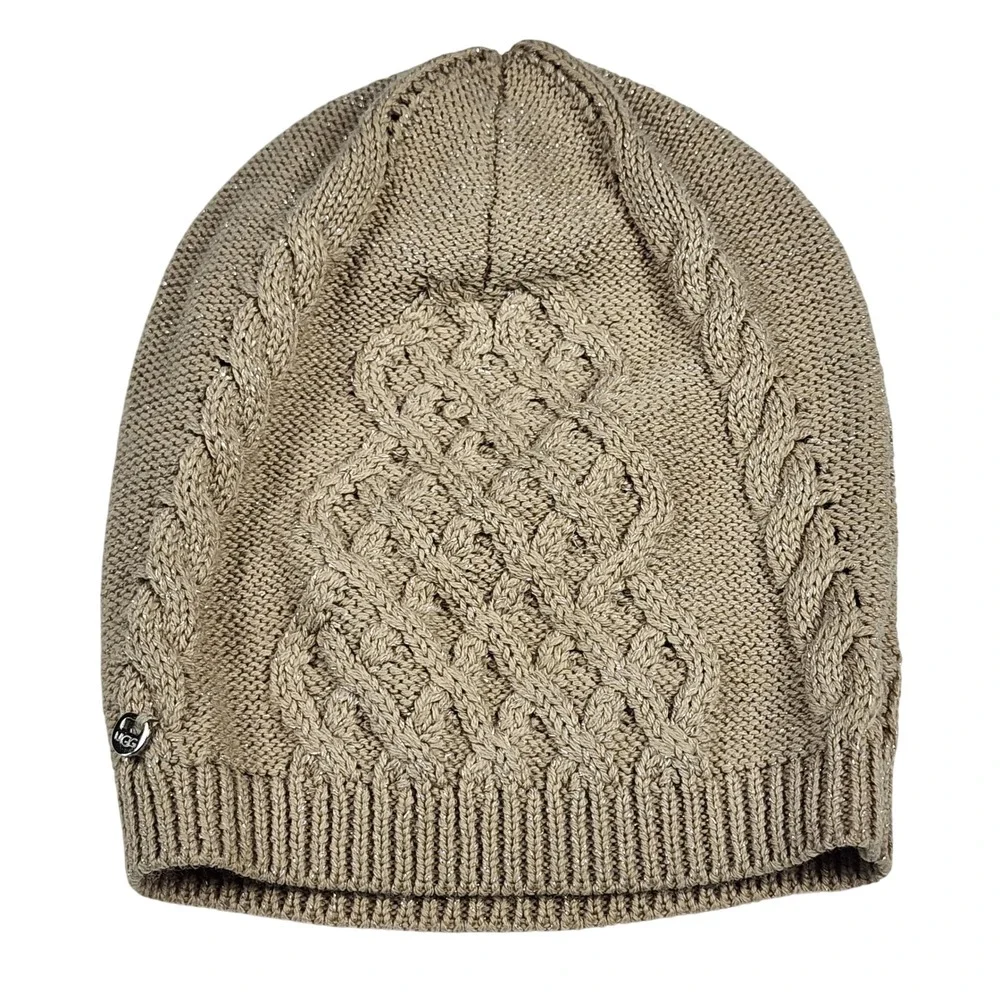 UGG Australia Beige Metallic Shimmer Cable Knit Wool Blend Beanie Hat One Size